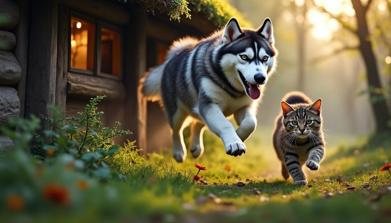 dans les ardennes, un husky en pleine poursuite d'un chat se retrouve coincé sur le toit d'une maison, une scène à la fois drôle et surprenante.