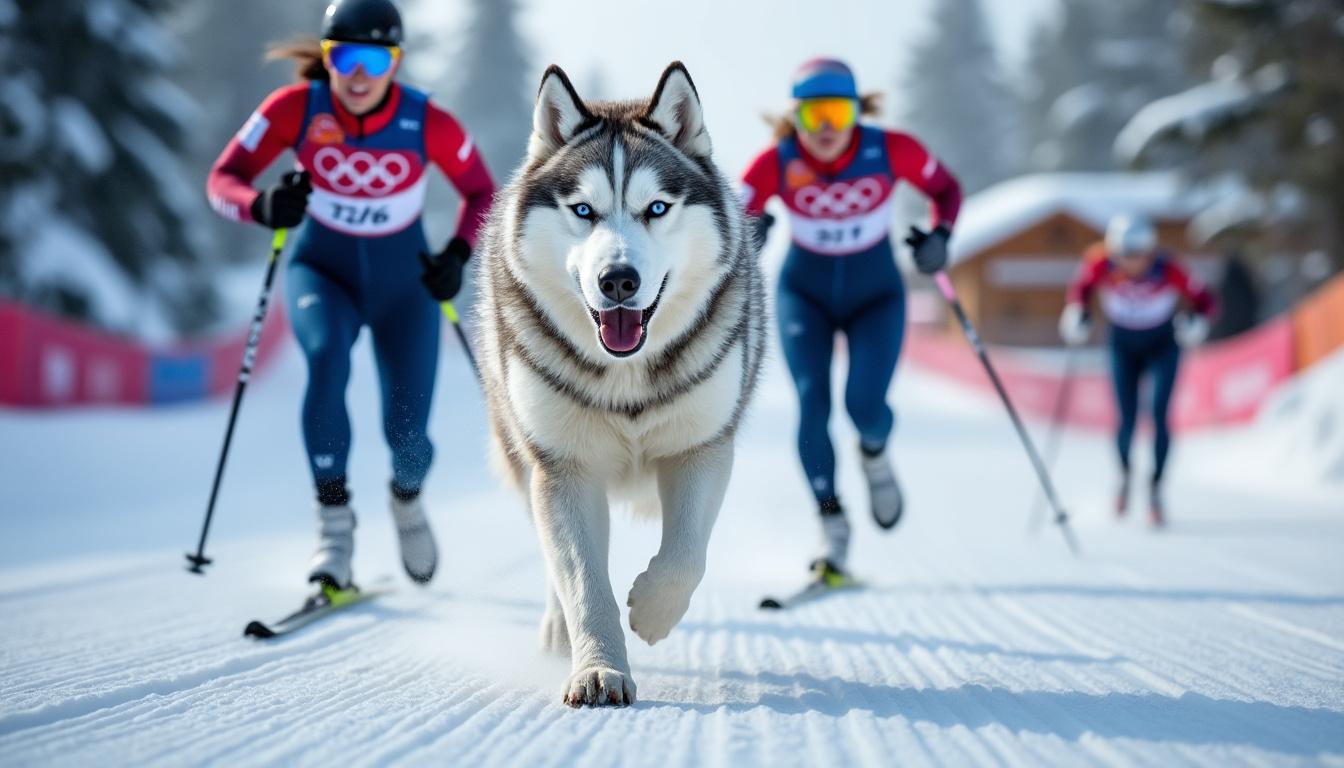 un husky participe avec enthousiasme à la compétition en franchissant la ligne d'arrivée aux côtés des fondeuses lors des jeux olympiques de milan, offrant un moment unique et émouvant.