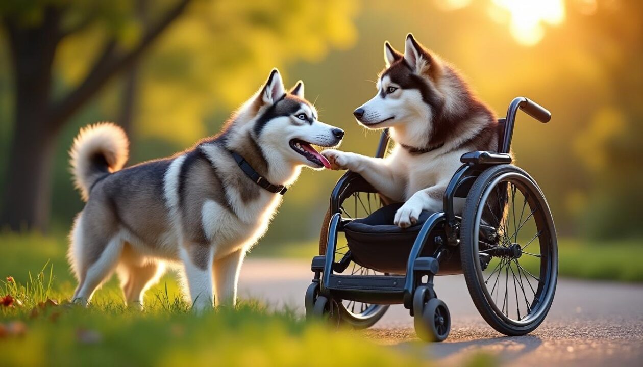 découvrez la touchante rencontre entre un husky et un chien en fauteuil roulant, un geste inattendu qui a ému des milliers d'internautes à travers le monde.